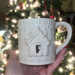 NWT Anthropologie “F” Snow Capped Reactive Glaze Mug